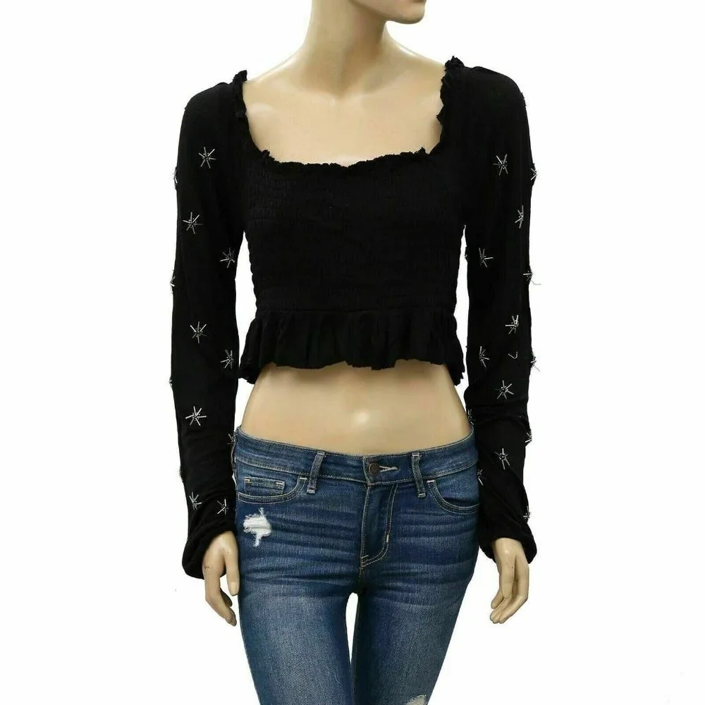 Urban Outfitters UO Jessa Embellished Peplum Cropped Blouse Top Ruffle M